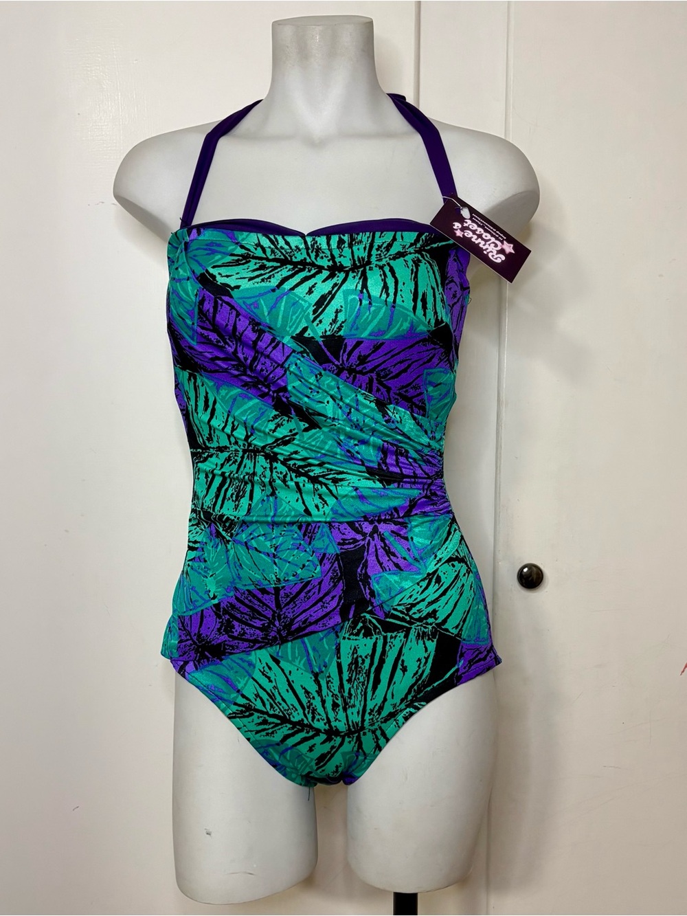 Vintage 80s Catalina Green Purple Retro Square Neck Halter One Piece Swimsuit